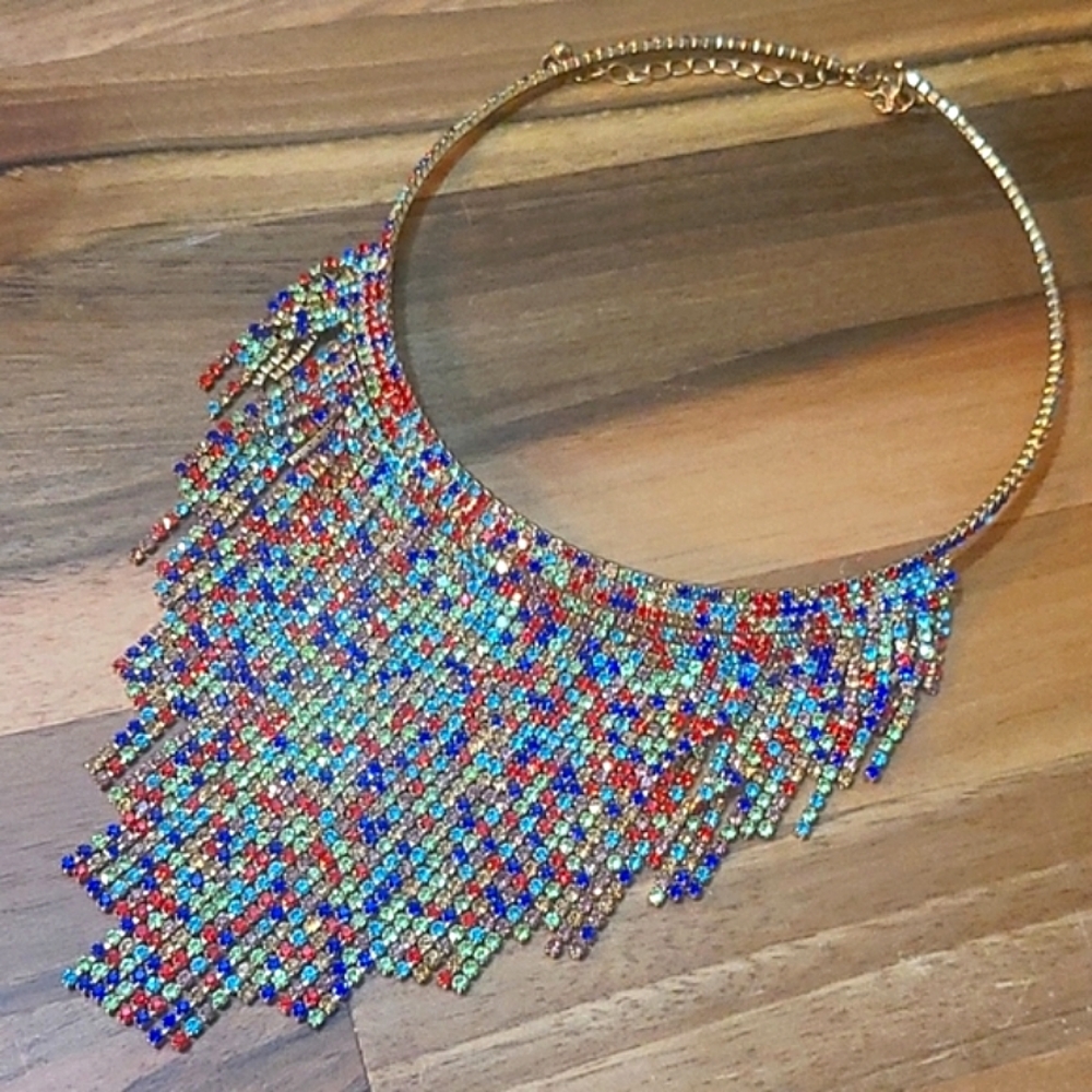SUPER PRETTY! Crystal Fringe Multicolor Choker Necklace